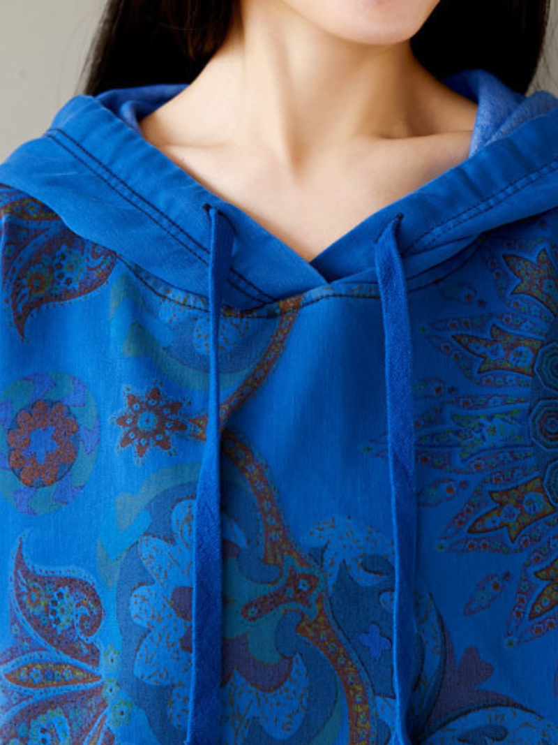 Women's Fashionable Printed Side Pockets Hoodie Dress