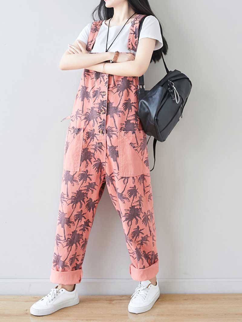 Palm Print Cotton Overalls - Adjustable Workwera | Eva Trends