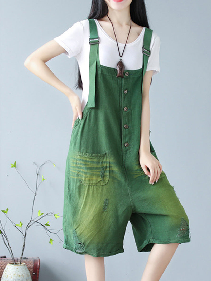 Vintage Wash Cotton Romper Dungarees - Button Front