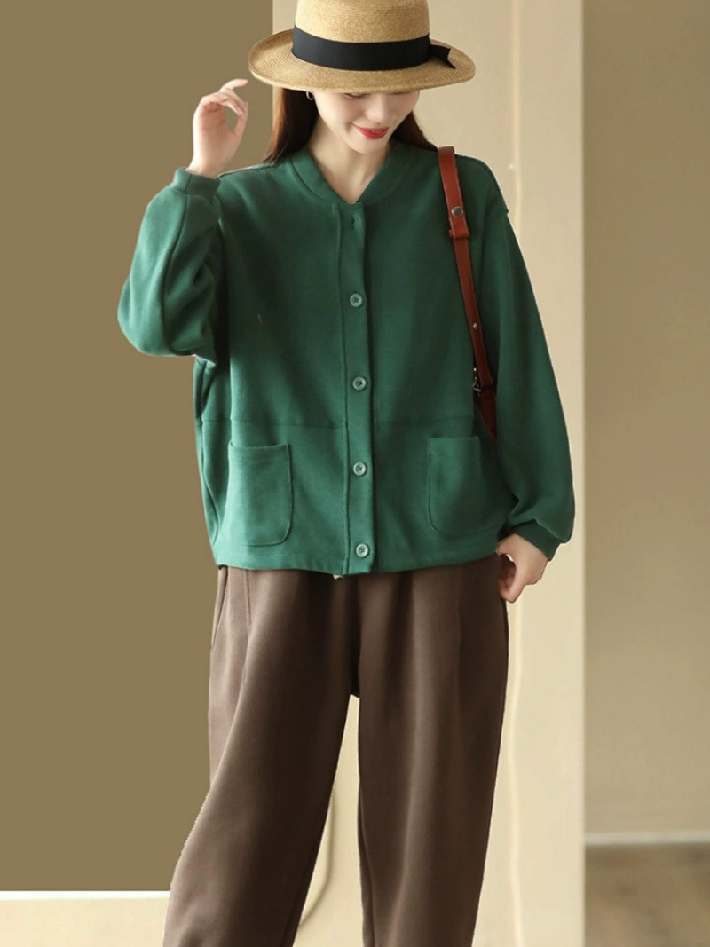 Women's Modern Casual Wear Stand Collar Pocket Style Sweater