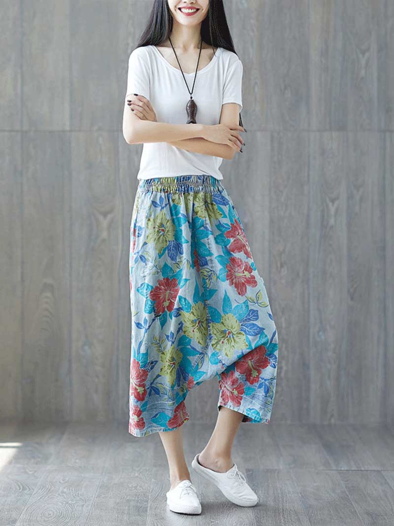 Close Your Eyes Ethnic Style Ripped Printed Yesterday's Crope Denim Pant