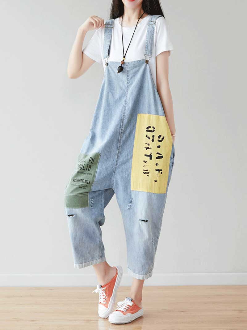 Drop Crotch Denim Dungarees with Adjustable Straps
