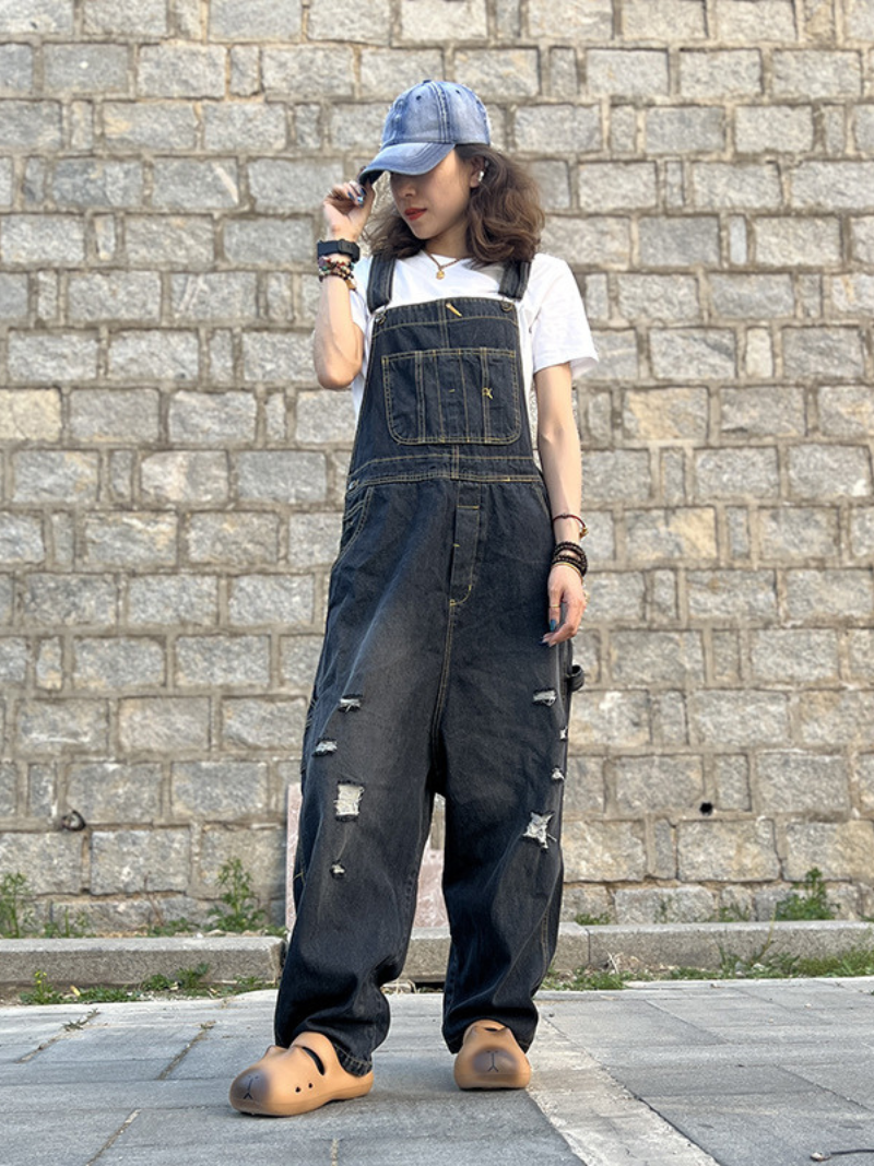 Elegant Distressed Denim Overalls for Women with Pockets - Eva Trends