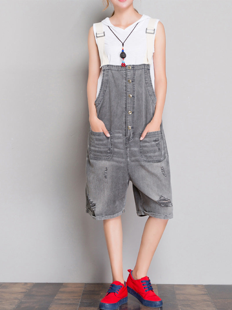 Distressed Grey Denim Romper - Button Front Style