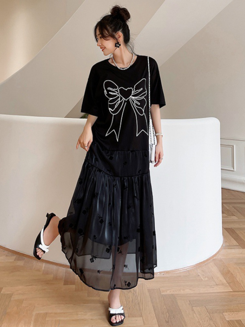 Women's Summer Black Round Neck Short Sleeve A Line Casual Dress