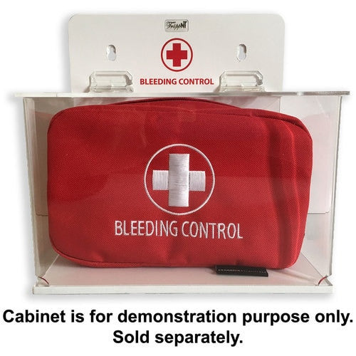 Bleeding Control Public Access kit by rescue essentials showing placement in Wall Mounted Cabinet which is not included, but is sold separately