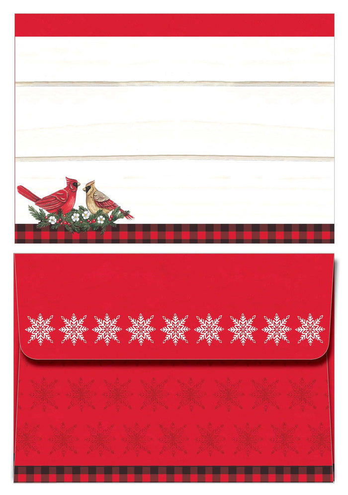 Christmas-themed red envelope, with cardinal birds, and snowflake pattern on a white background.