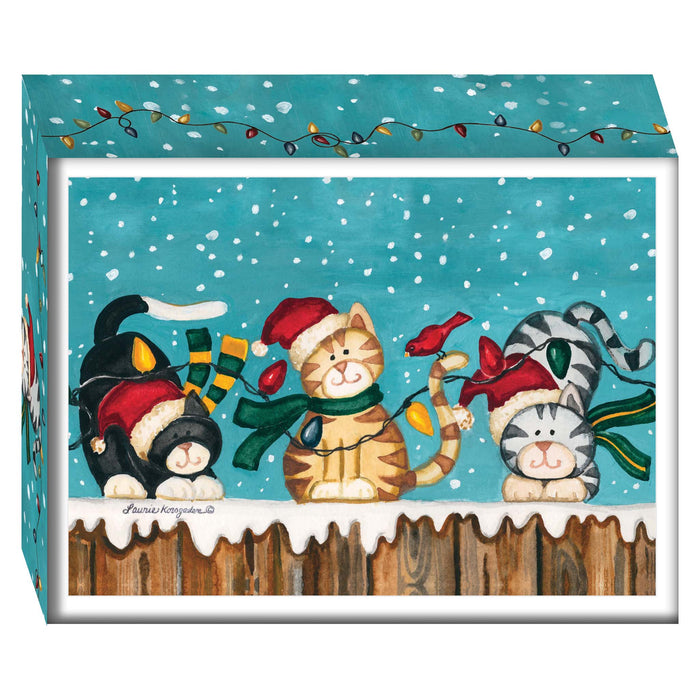 Decorative box with Christmas-themed illustration of cats and a bird on a snowy background.