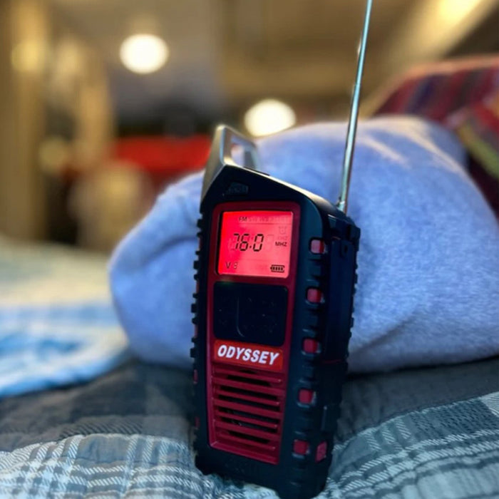 Odyssey Hand Crank AM/FM Radio, in use