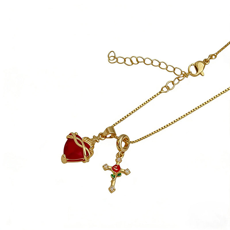 üíñSacred Heart & Rose Cross Pendant Necklace