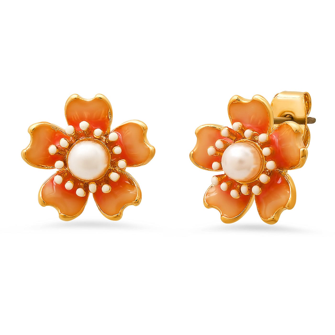 Pink Flower Stud Earrings with Pearl Center