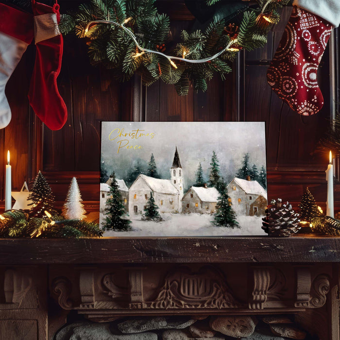 Christmas-themed decoration with a snowy village scene on a fireplace mantle.