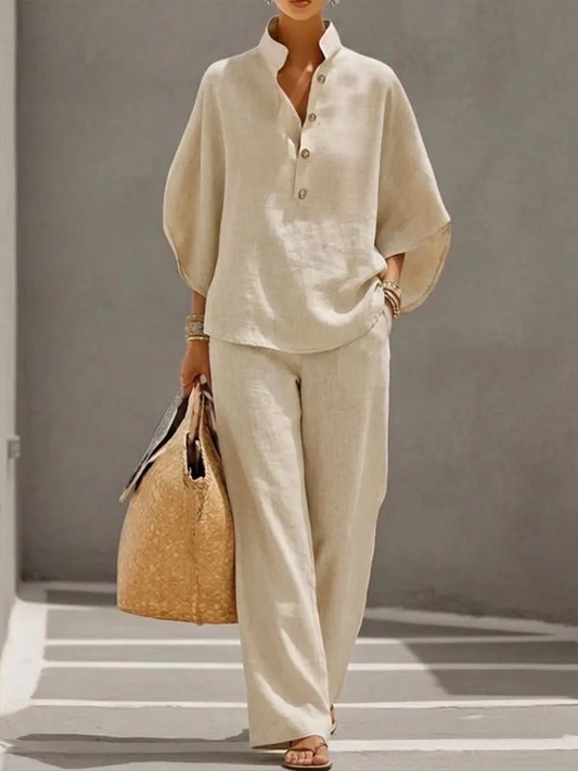 üî•Women's Batwing Sleeve Two-Piece Set ‚Äì Casual Shirt & Wide Leg Pants Outfit