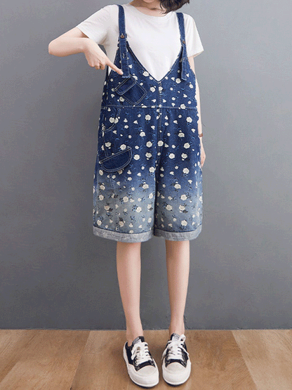Knee-Length Floral Denim Dungaress - Deep V Bib Design