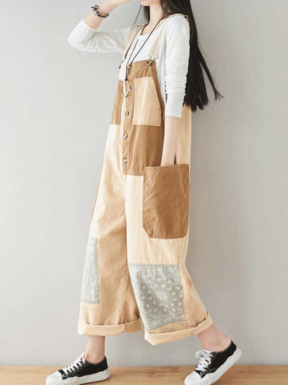 Button Front Denim Dungarees with Contrast Panel Details
