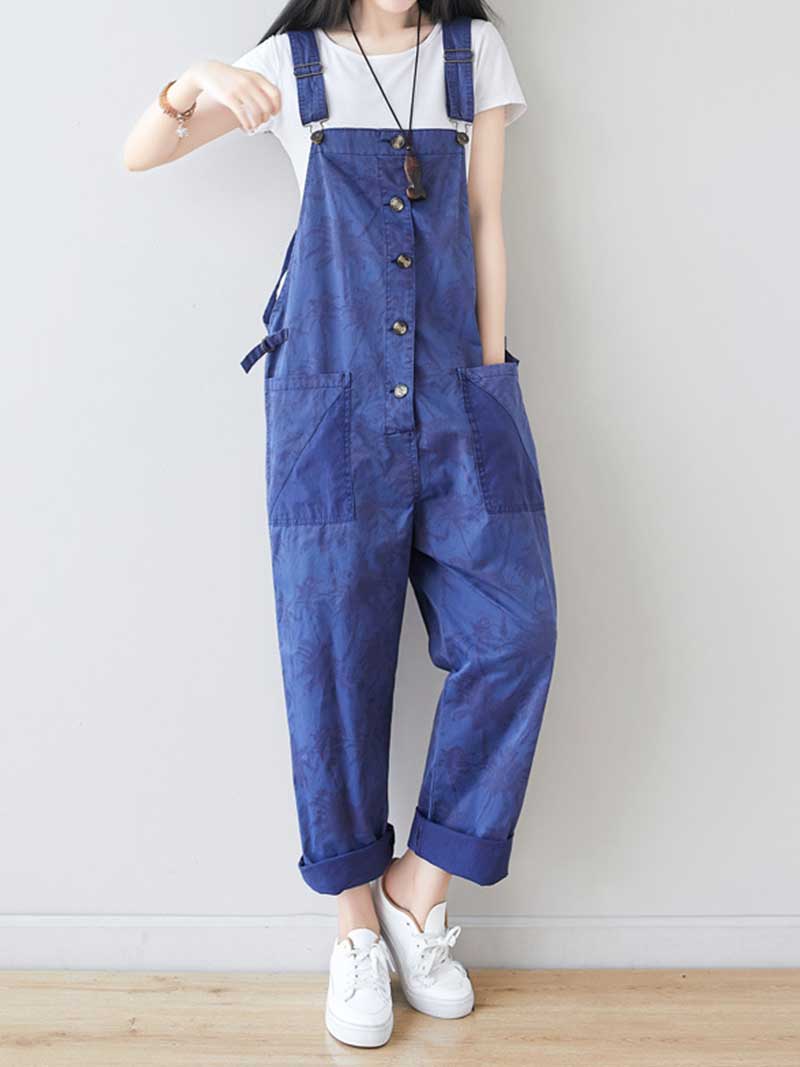 Palm Print Cotton Overalls - Adjustable Workwera | Eva Trends