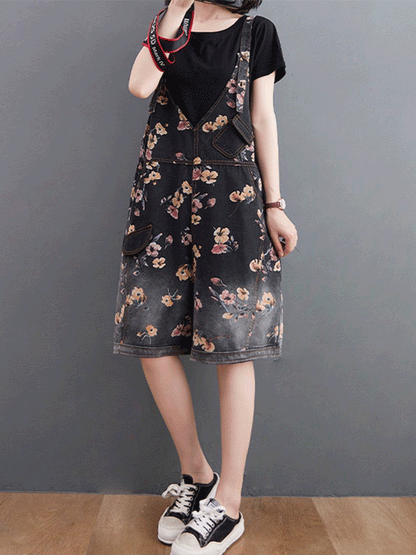 Knee-Length Floral Denim Dungaress - Deep V Bib Design