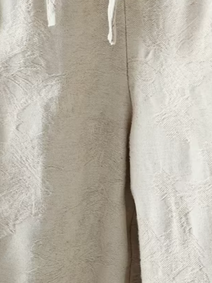 Textured Jacquard Cotton Relaxed Wide-Leg Women's Pants with Drawstring Waist