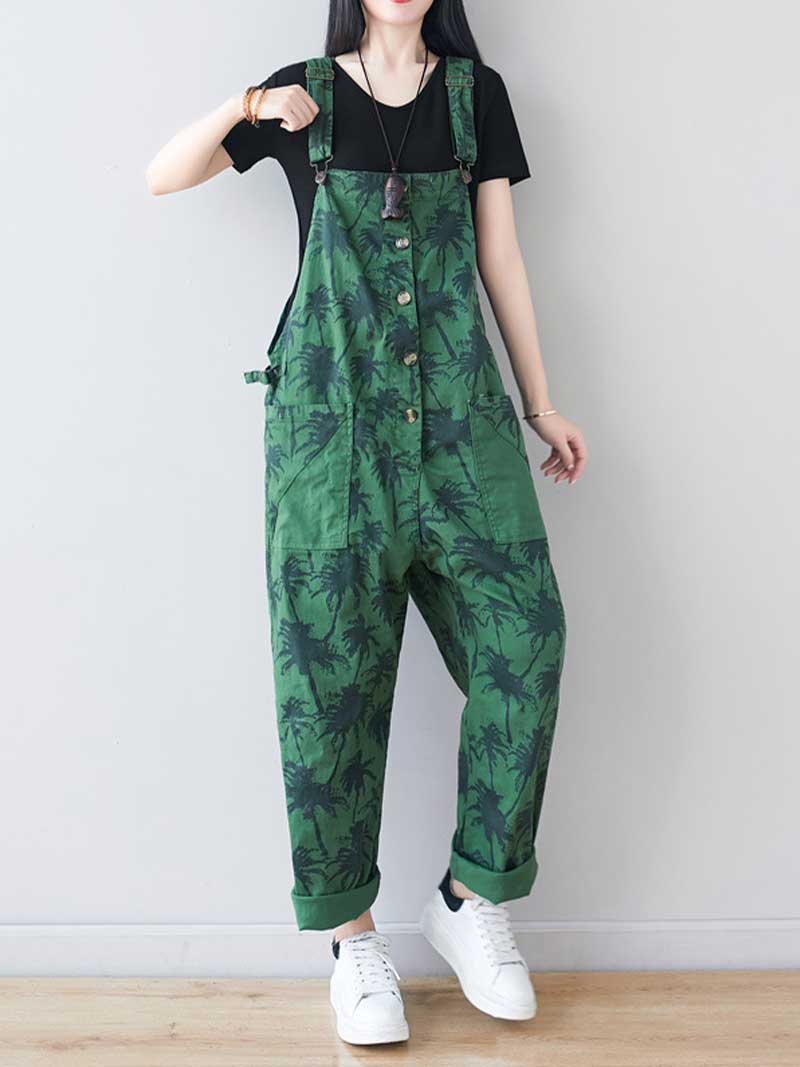Palm Print Cotton Overalls - Adjustable Workwera | Eva Trends
