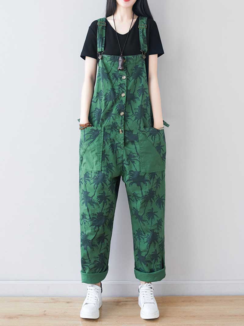 Palm Print Cotton Overalls - Adjustable Workwera | Eva Trends