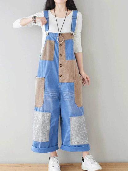 Button Front Denim Dungarees with Contrast Panel Details