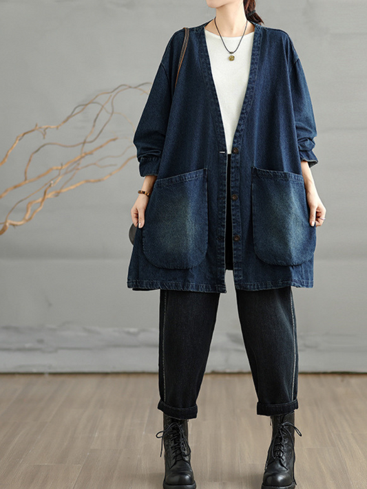 Women’s Oversized Denim Cotton Shacket with V-Neck and Statement Patch Pockets