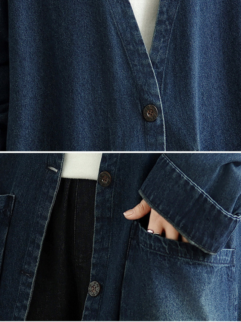 Women’s Oversized Denim Cotton Shacket with V-Neck and Statement Patch Pockets