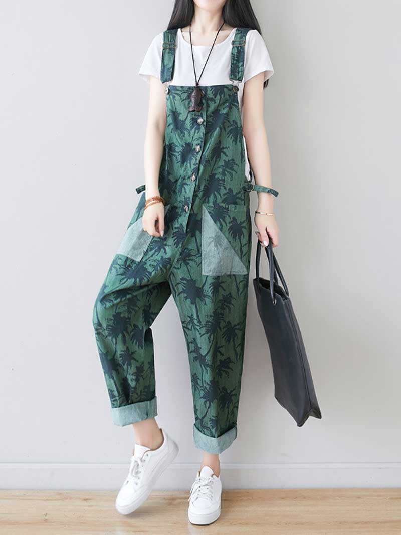 Palm Print Cotton Overalls - Adjustable Workwera | Eva Trends