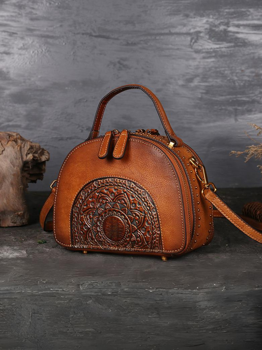 Elegant Ethnic Leather Round Bag | Eva Trends