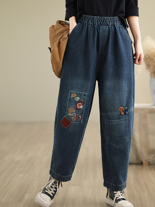 Women's Summer Trendy Embroidery Versatile Blue Bottoms
