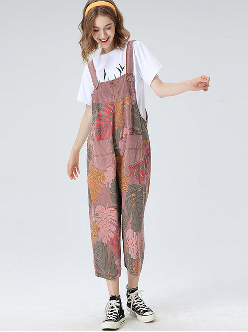 Tropical Leaf Cotton Dungarees -  Ankle-Length Overalls