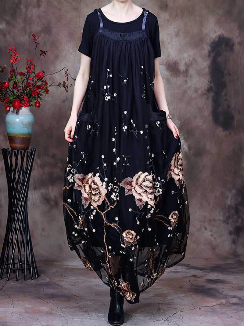 Women's Floral Lace Maxi Salopette Dress with Adjustable Straps
