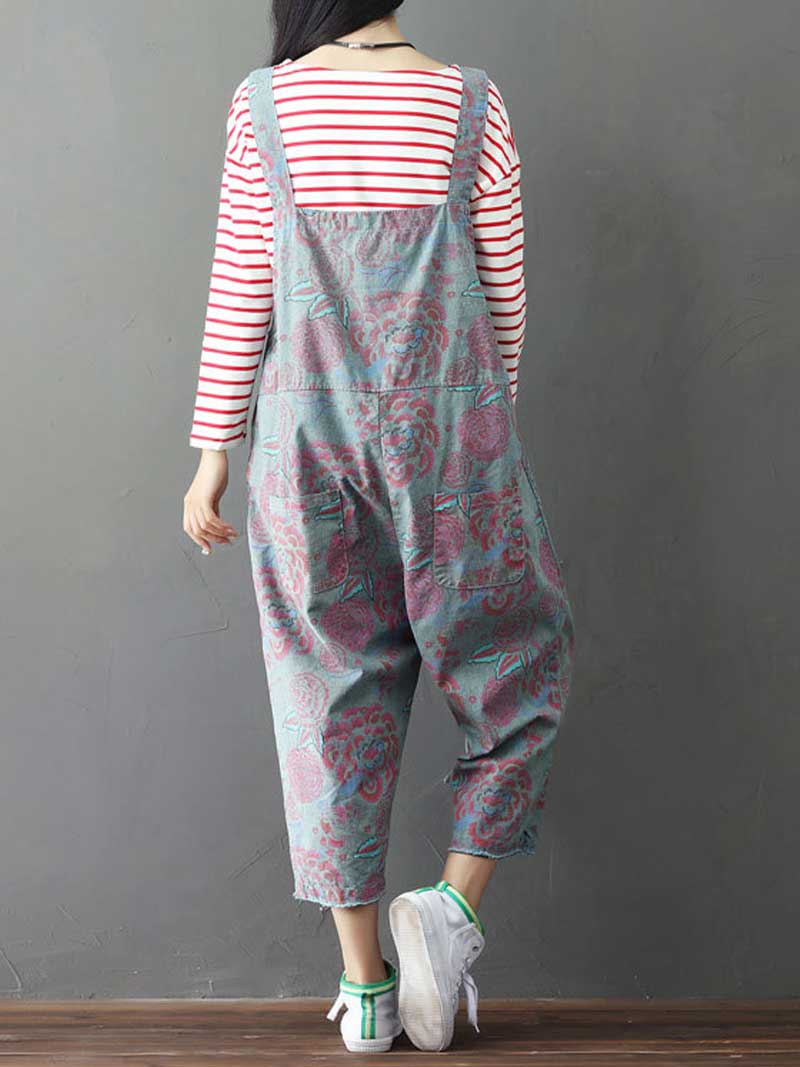 Floral Printed Denim Overalls - Casual Comfort | Eva Trends
