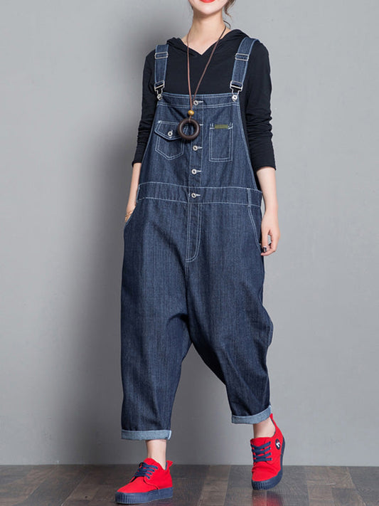 Loose Fit Button Front Denim Dungarees