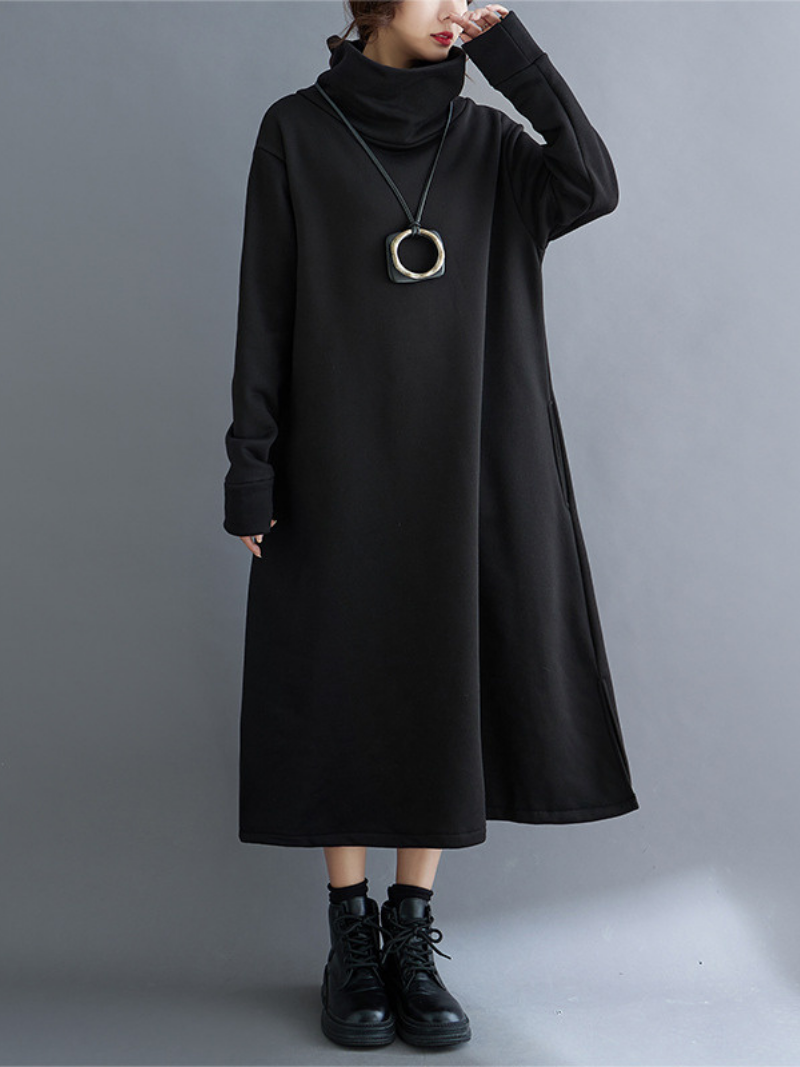 Women's Loose High-Neck Side Pockets A-Line  Dress