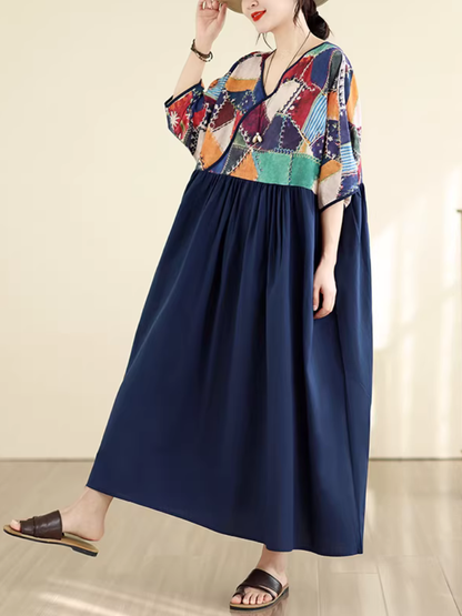 Patchwork V-Neck Boho Maxi Dress in Soft Viscose Blend Elegance