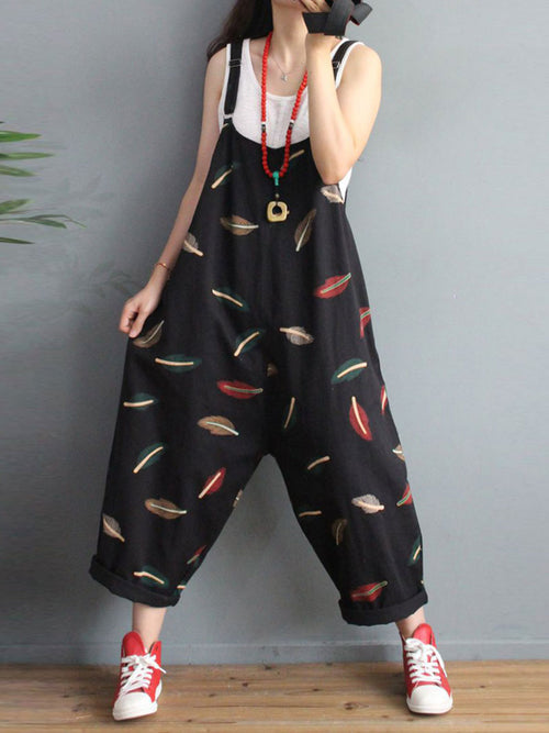 Feather Print Harem Dungarees - Adjustable Strap Relaxed Fit