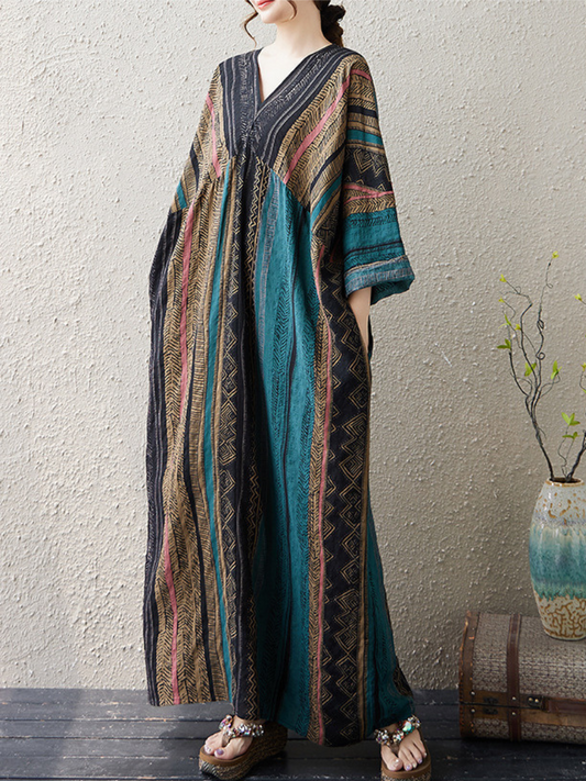 Women's Summer Artistic Linen Printed Loose Kaftan Dress
