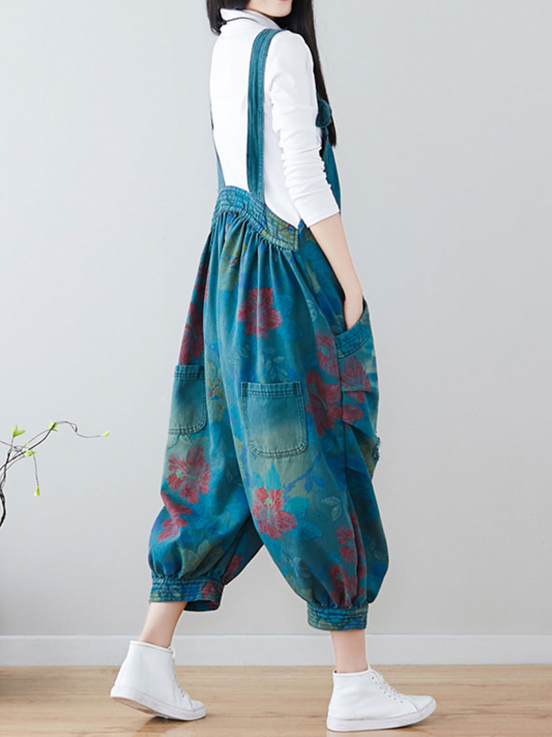 Watercolor Floral Denim Dingarees | Distresses Barrel-Leg Fit