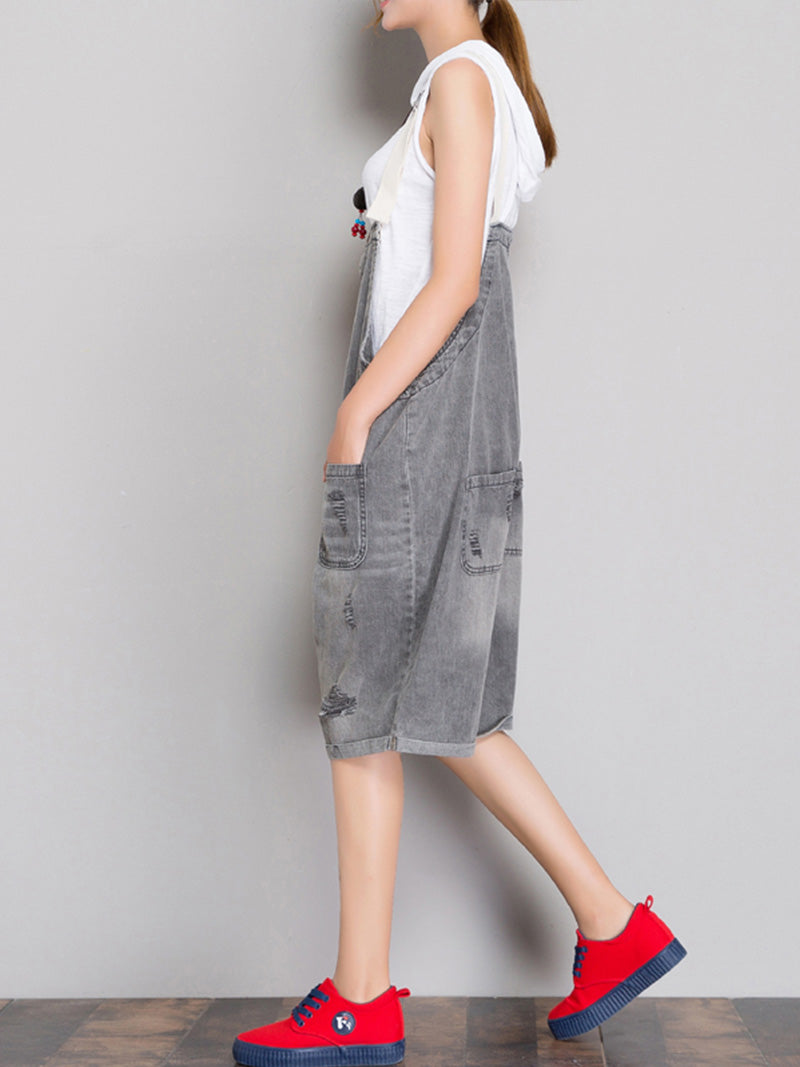 Distressed Grey Denim Romper - Button Front Style