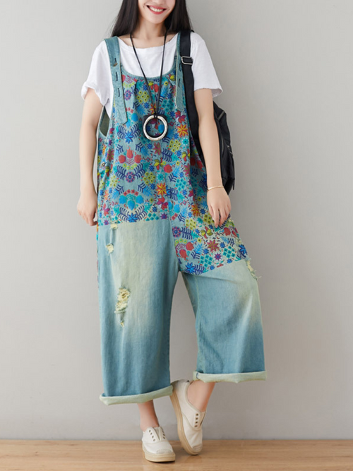 Chic Women's Loose Wide-Leg Floral Denim Overalls | Eva Trends