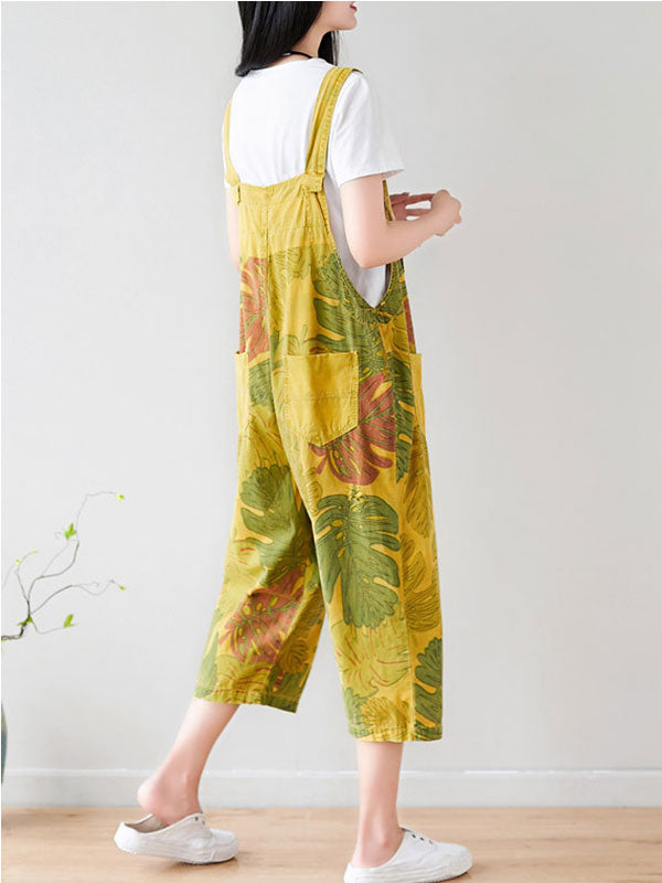 Tropical Leaf Print Cotton Overalls