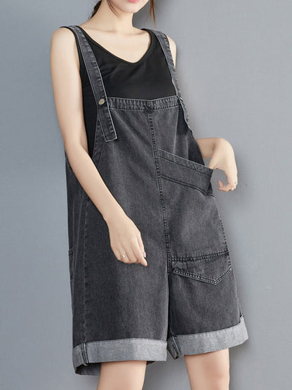 Oversized Utility Pocket Denim Romper Dungarees - Grey Wash