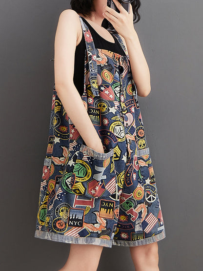 Graphic Print Short Dungarees - NYC Patchwork Denim Style
