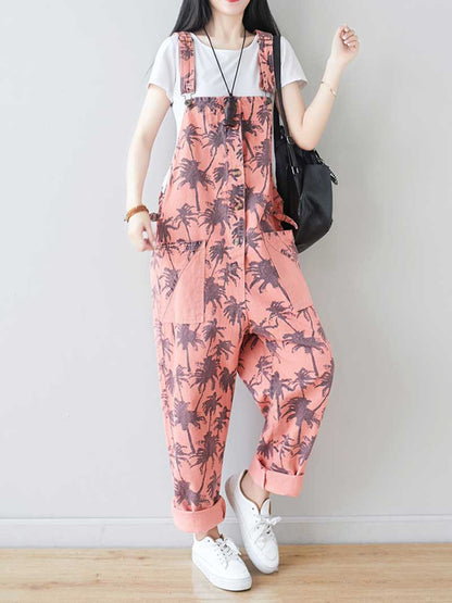 Palm Print Cotton Overalls - Adjustable Workwera | Eva Trends