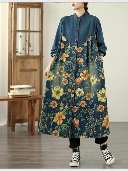 Women's Summer Patchwork Printed Casual Loose  Denim Coat