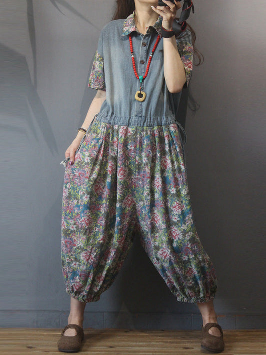 Floral Print Denim Jumpsuit - Elastic Cuff Style