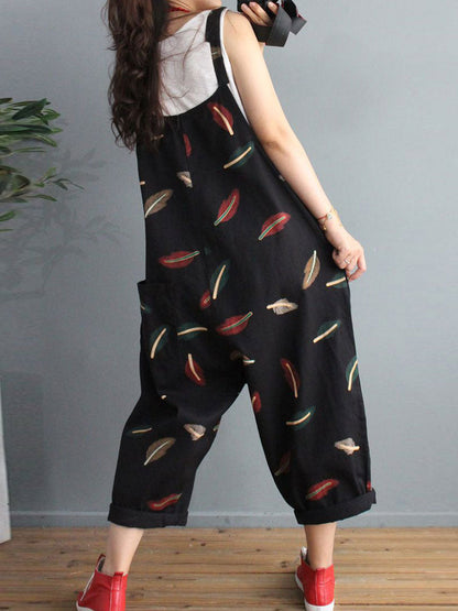 Feather Print Harem Dungarees - Adjustable Strap Relaxed Fit