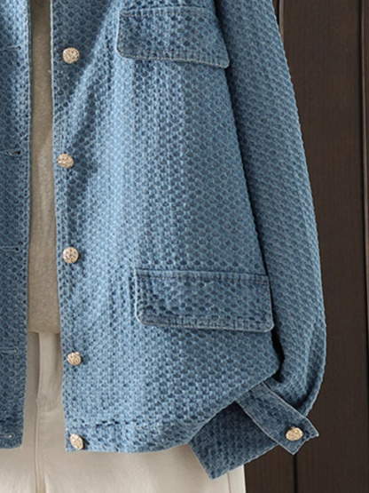 Textured Denim Cotton Women’s Denim Jacket with Gold Buttons, Relaxed Shacket