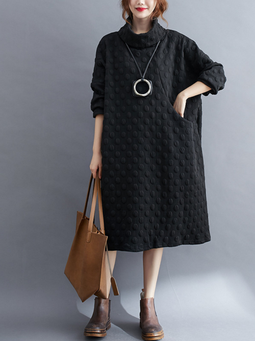 Women's  Polka Dot High Collar Mid-Length Shirt Dress